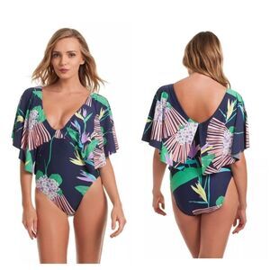Trina Turk Midnight Paradise Flutter Sleeve One Piece Swimsuit Sz 6